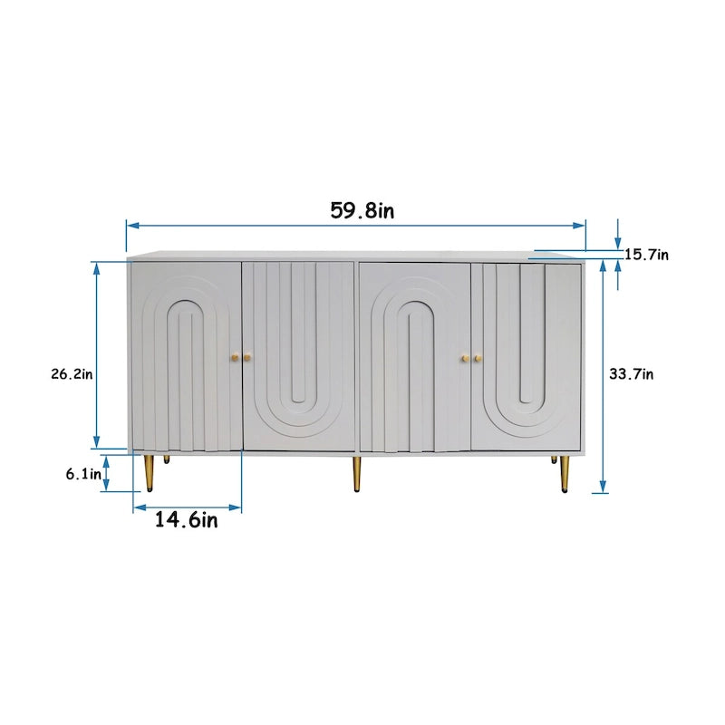 152,4 cm modernes Sideboard aus Holz mit blau-grauer Lackierung, 4 Türen und Stauraum