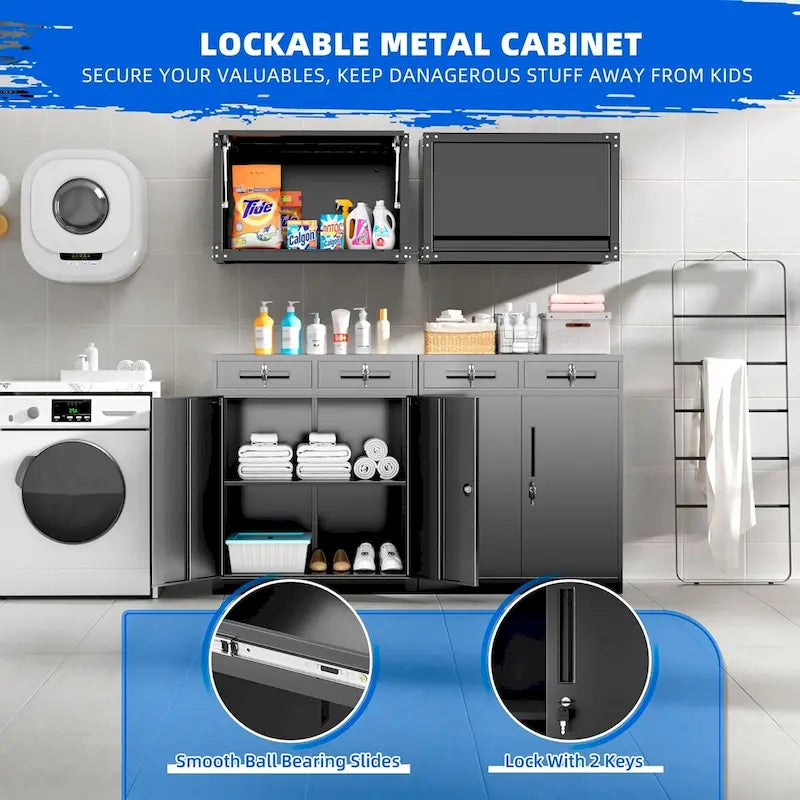 91,4 cm hoher abschließbarer Metall-Garageschrank mit 2 Schubladen und verstellbaren Regalböden
