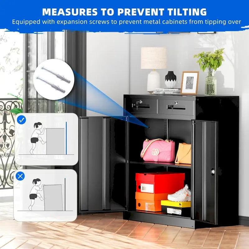 36 H Metal Locking Garage Storage Cabinet with 2 Drawers and Adjustable Shelves