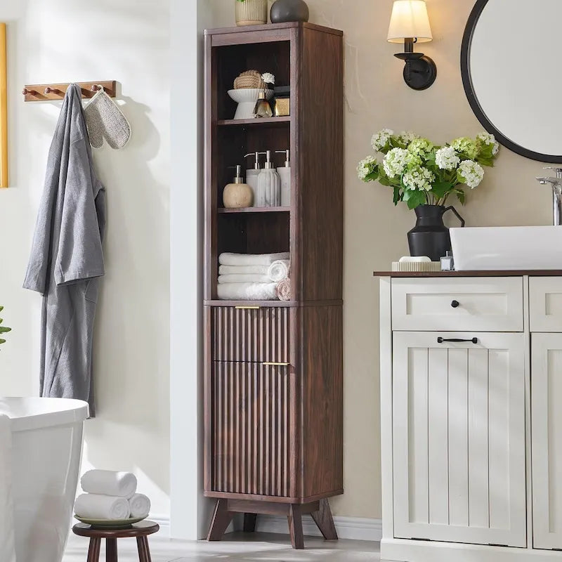 68 Tall Bathroom Narrow Storage Cabinet with Faux Marble Top