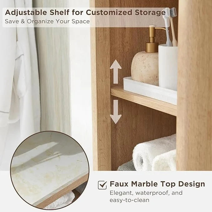 68 Tall Bathroom Narrow Storage Cabinet with Faux Marble Top