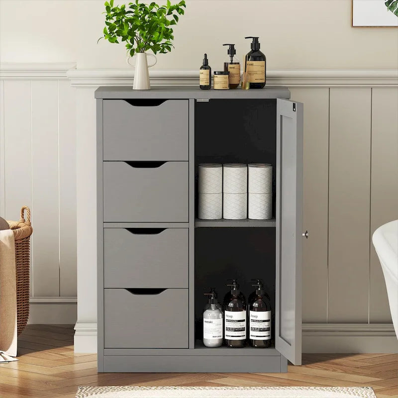 Badezimmer-Bodenschrank, freistehender Vorratsschrank mit 4 Schubladen und 1 Tür