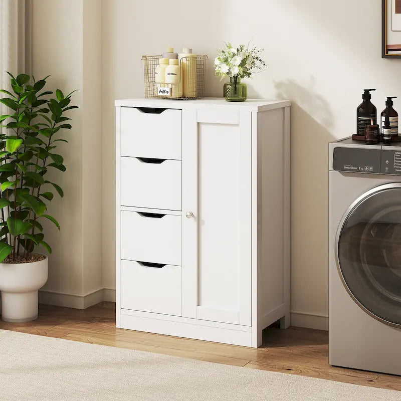 Bathroom Floor Storage Cabinet, Freestanding Pantry Cabinet with 4 Drawers and 1 Door