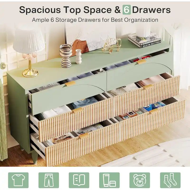 55 Inches Dresser for Bedroom, Green Long Double Dresser Organizer Wood Cabinet