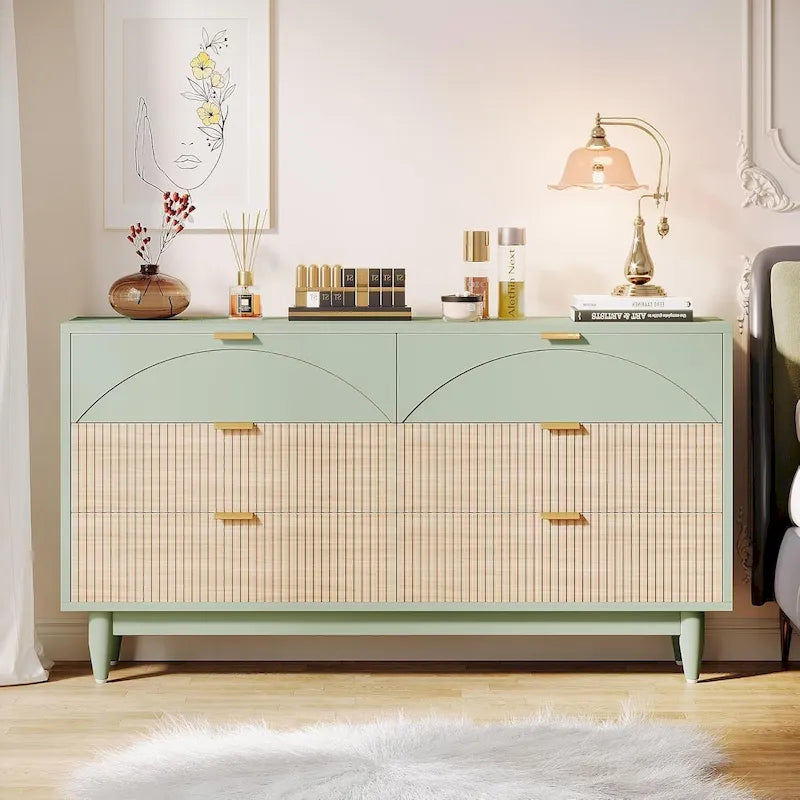55 Inches Dresser for Bedroom, Green Long Double Dresser Organizer Wood Cabinet
