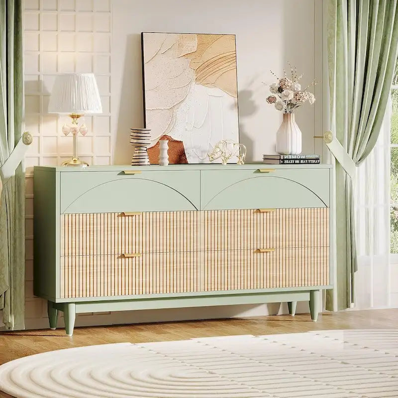 55 Inches Dresser for Bedroom, Green Long Double Dresser Organizer Wood Cabinet
