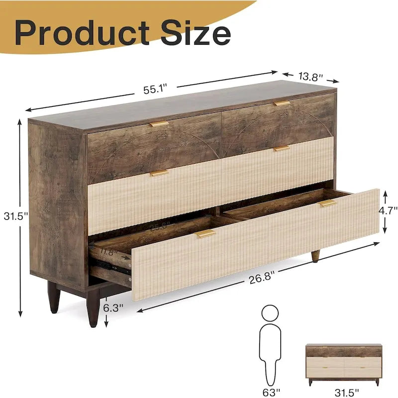 Kommode mit 55 Zoll Breite fürs Schlafzimmer, grüner langer Doppelschrank aus Holz mit Organizer