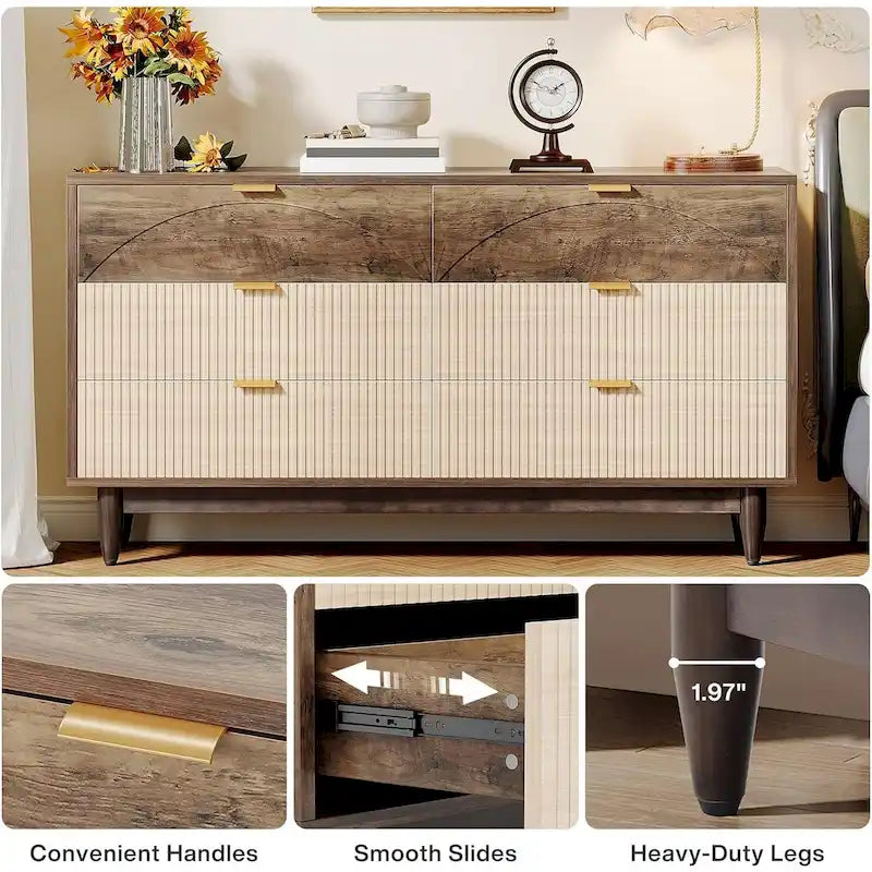 Kommode mit 55 Zoll Breite fürs Schlafzimmer, grüner langer Doppelschrank aus Holz mit Organizer
