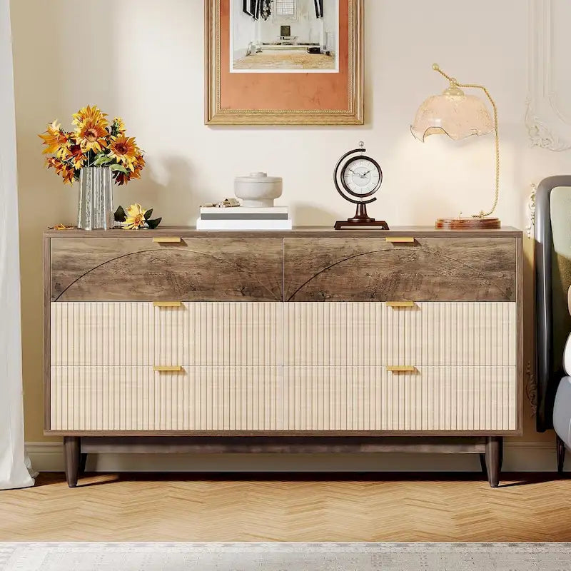 Kommode mit 55 Zoll Breite fürs Schlafzimmer, grüner langer Doppelschrank aus Holz mit Organizer