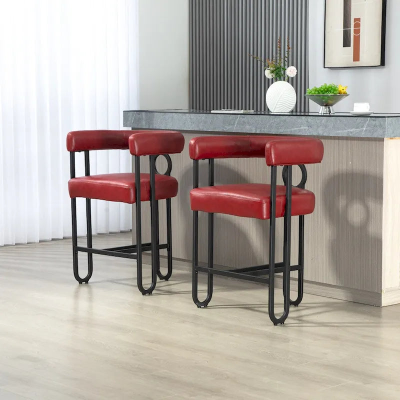 Taburetes de bar contemporáneos tapizados en chenilla y cuero, con reposapiés, juego de 2