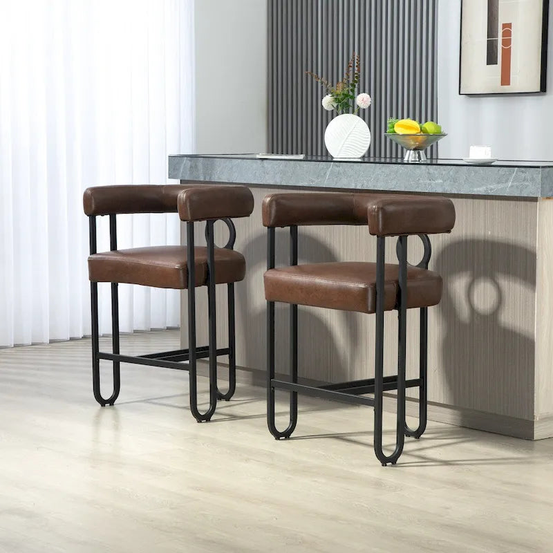 Taburetes de bar contemporáneos tapizados en chenilla y cuero, con reposapiés, juego de 2